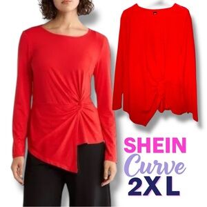 Shein Curve 2XL Red Twist Front Tunic Top Asymmetrical Hem Excellent Condition 🔥